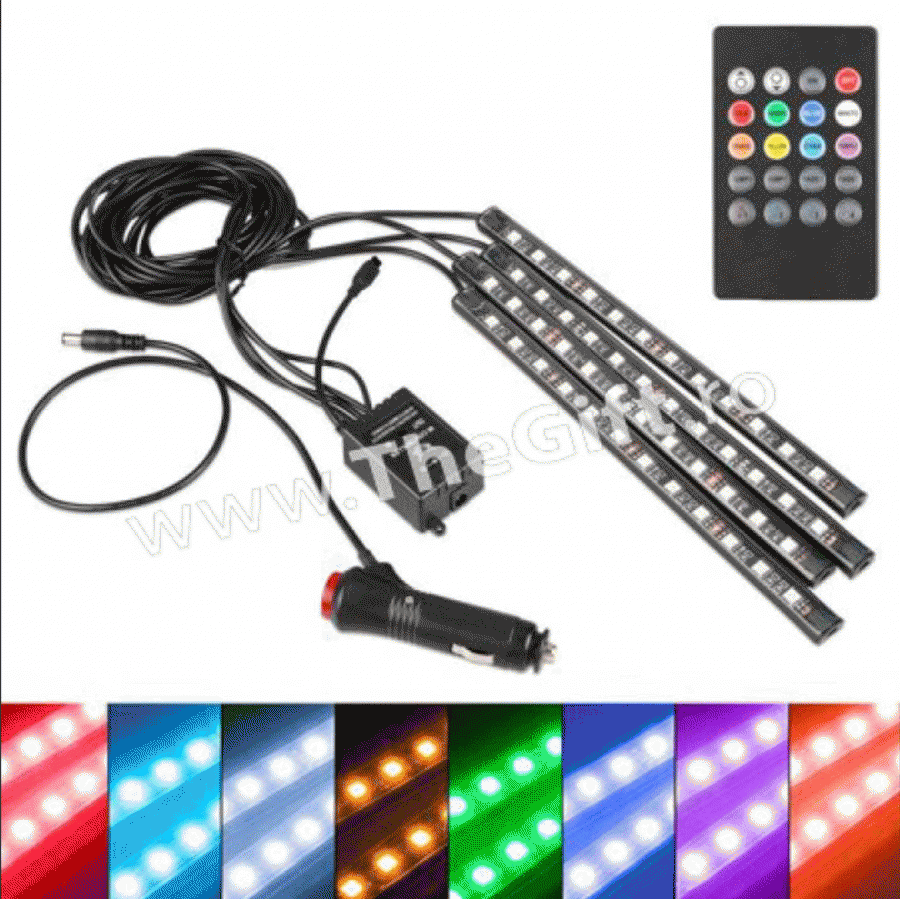 Kit 4 benzi LED RGB interior auto multicolore cu telecomanda - Apasa pe imagine pentru inchidere