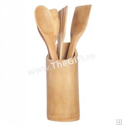 Set 4 ustensile din bambus, cu suport