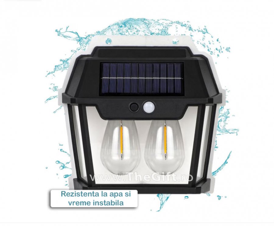 Lampa solara pentru exterior, cu 2 becuri LED, senzor de miscare - Apasa pe imagine pentru inchidere