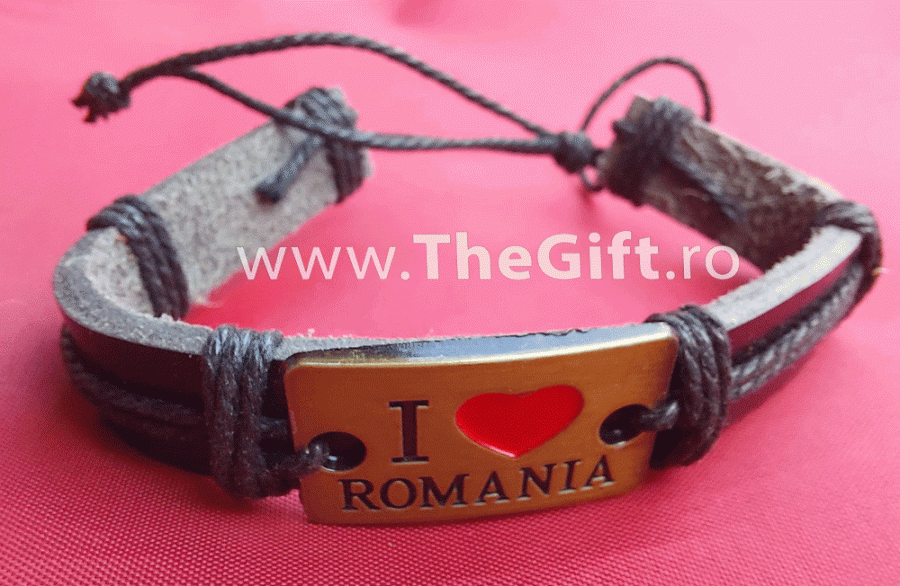 Bratara I love Romania, din piele si metal - Apasa pe imagine pentru inchidere