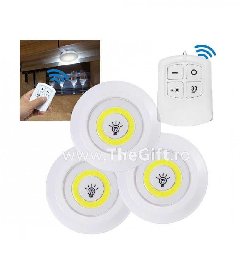 Set 3 lampi LED 3W COB, cu telecomanda - Apasa pe imagine pentru inchidere