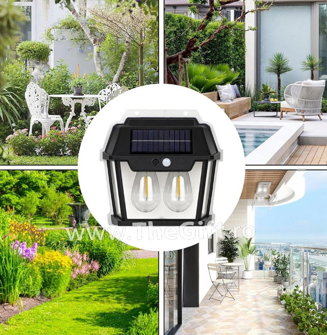 Lampa solara pentru exterior, cu 2 becuri LED, senzor de miscare - Apasa pe imagine pentru inchidere