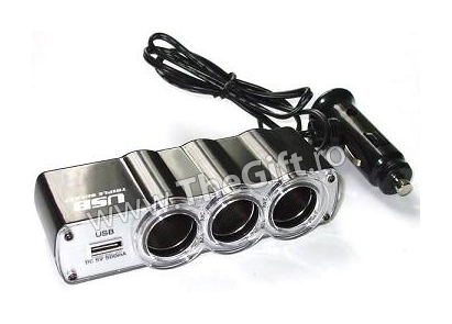 Priza tripla auto cu port USB