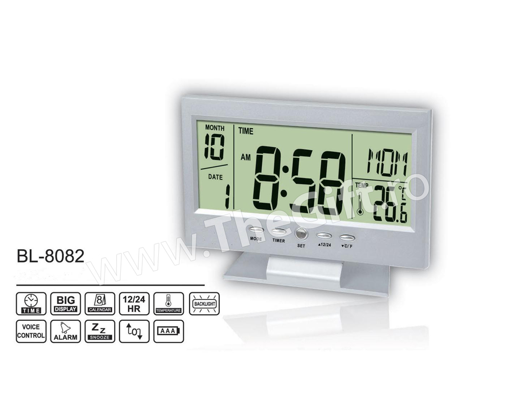 Ceas cu afisaj luminos, alarma, termometru BL 8082
